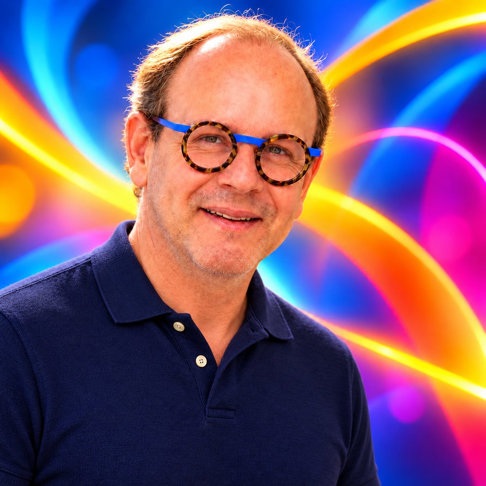 Thierry Garot, souriant, lunettes rondes, polo bleu marine